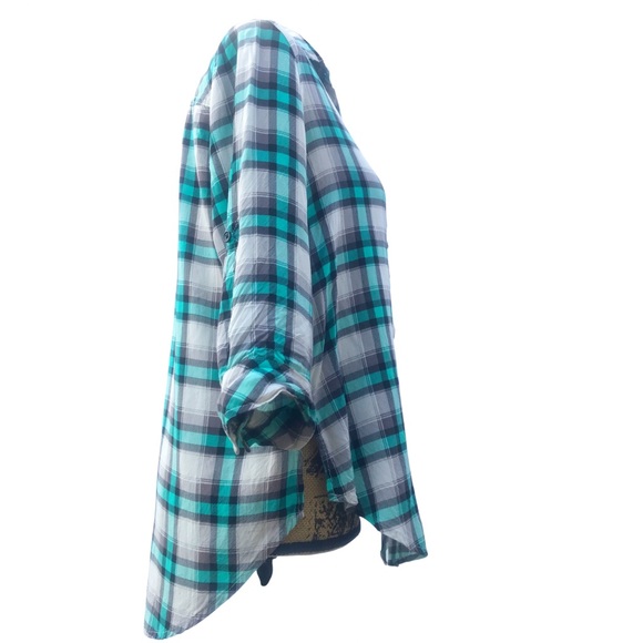 BONGO Green White Plaid 3/4 Pin Up Sleeve Button Up Shirt Sz L - Picture 4 of 10